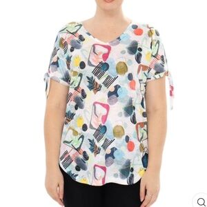 MOFFI Printed Tie Sleeve Top Colorful Abstract Print Women's shirt XL